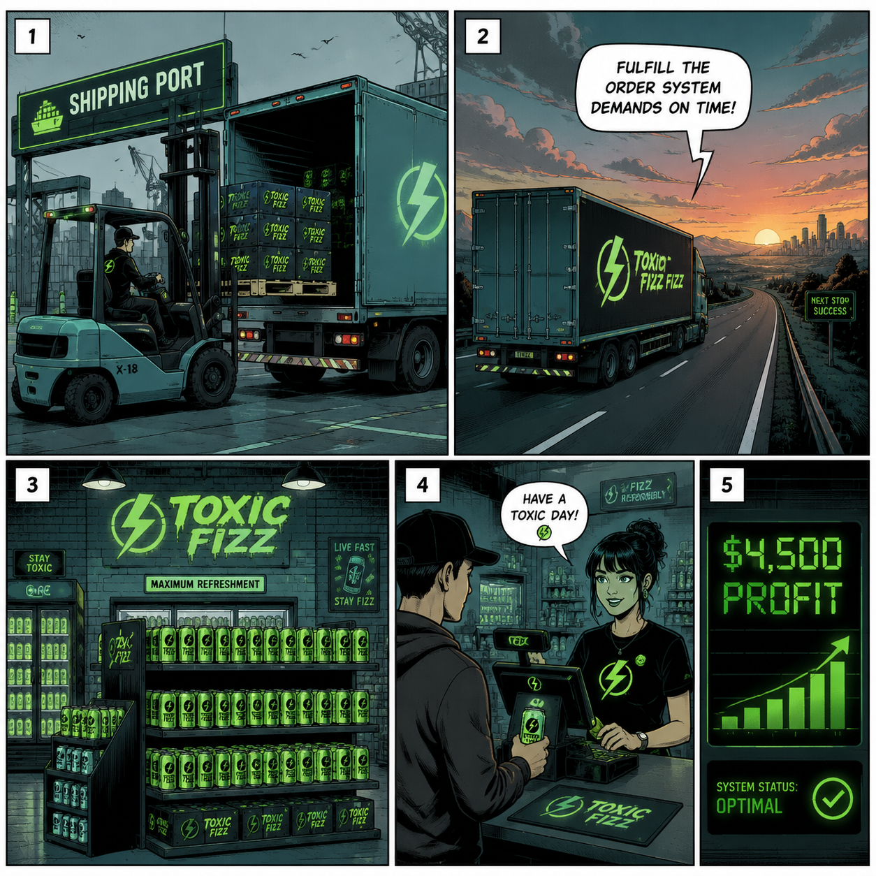 Comic grid showing the delivery truck and storefront management