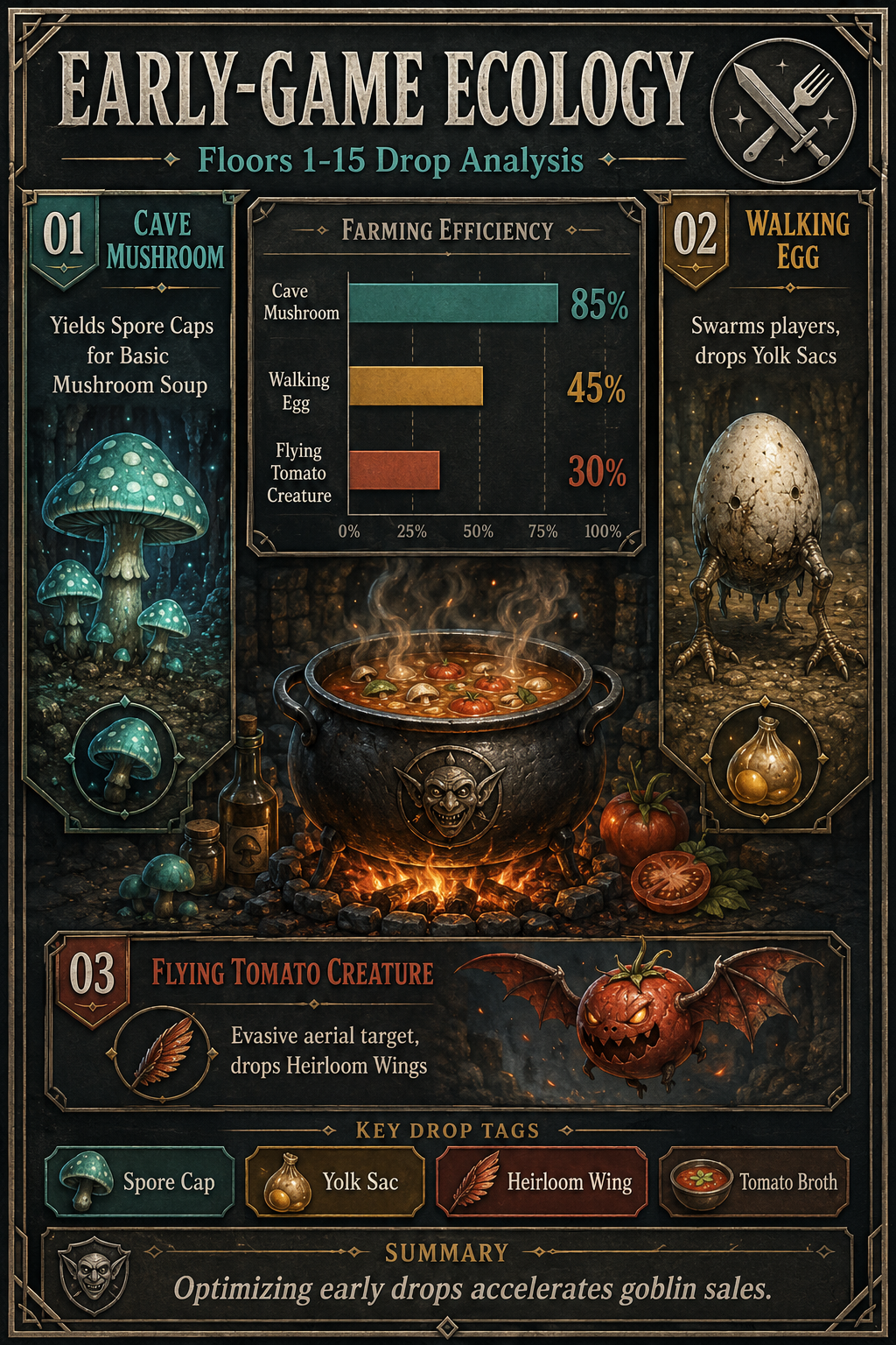 Analysis report poster: Early game monster ingredients list Chef Knight