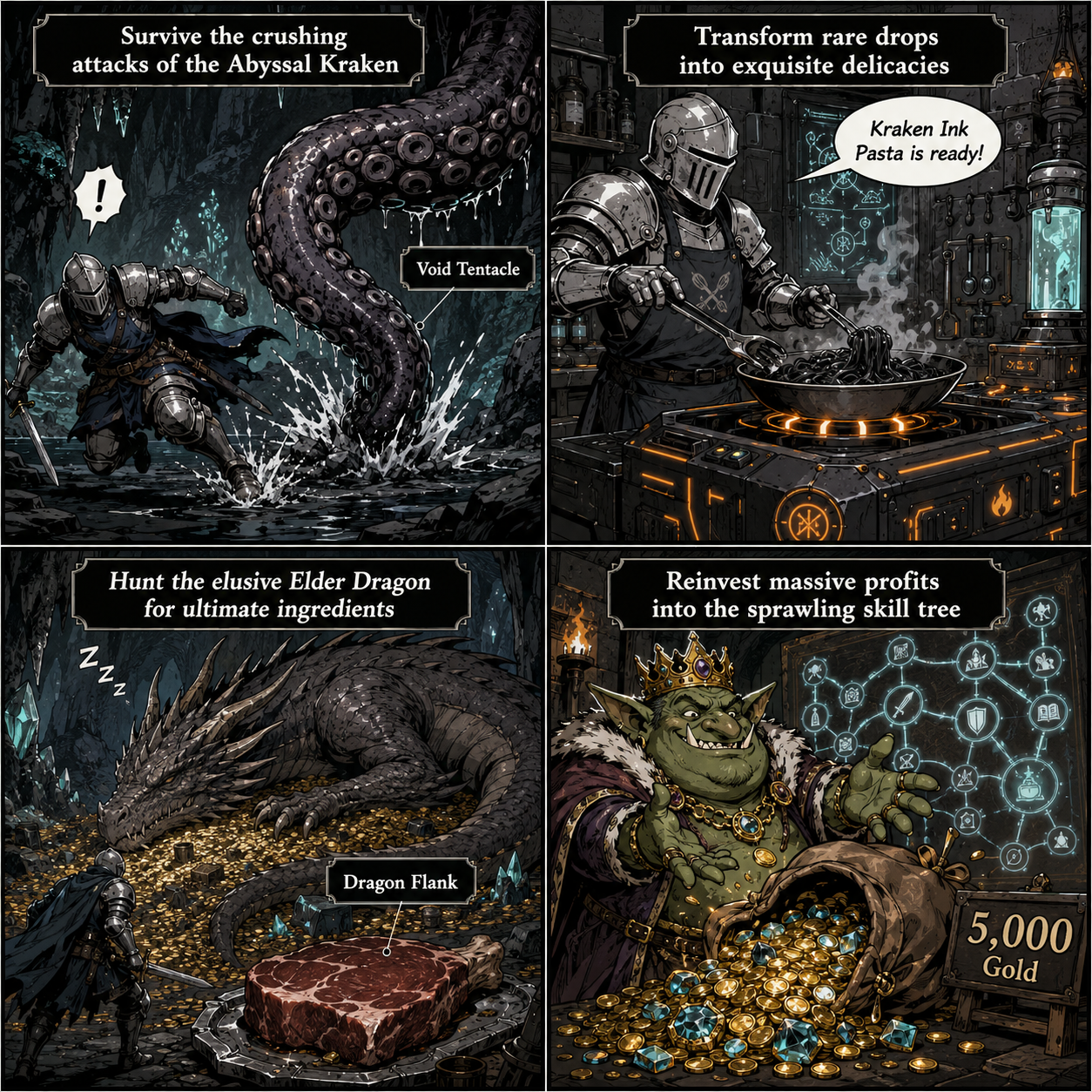 Comic grid showing late game boss monsters and high tier recipes