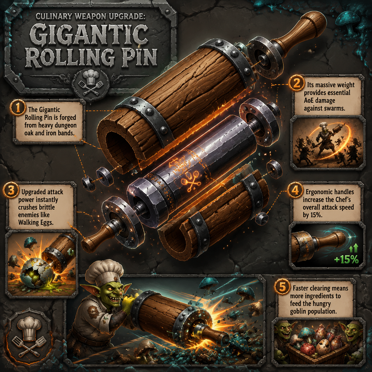 Annotated diagram of the Gigantic Rolling Pin weapon in Chef Knight