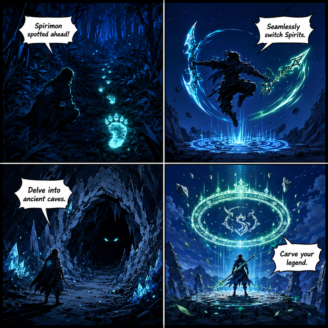 COMIC GRID: The dynamic multi-step process of hunting Spirimon across the map.