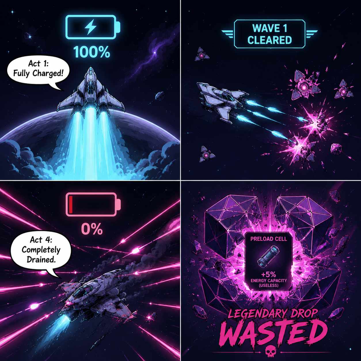 Comic Grid: Act 1 energy vs Act 4 reality.
