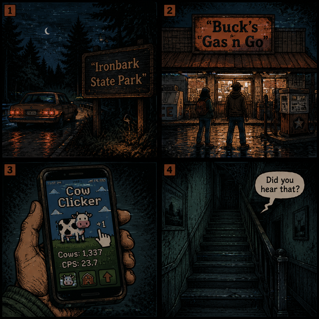 COMIC GRID: Four panels showing the Scratch Creek co-op locations and gameplay.