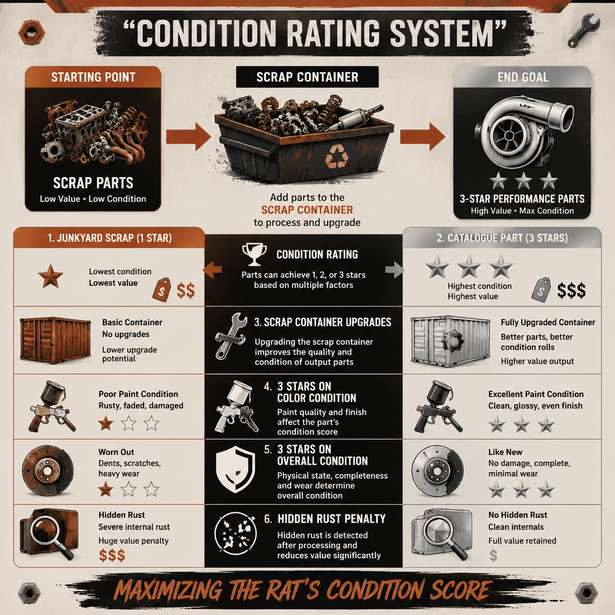 Infographic: Condition Rating System comparing junkyard scraps to catalogue parts.