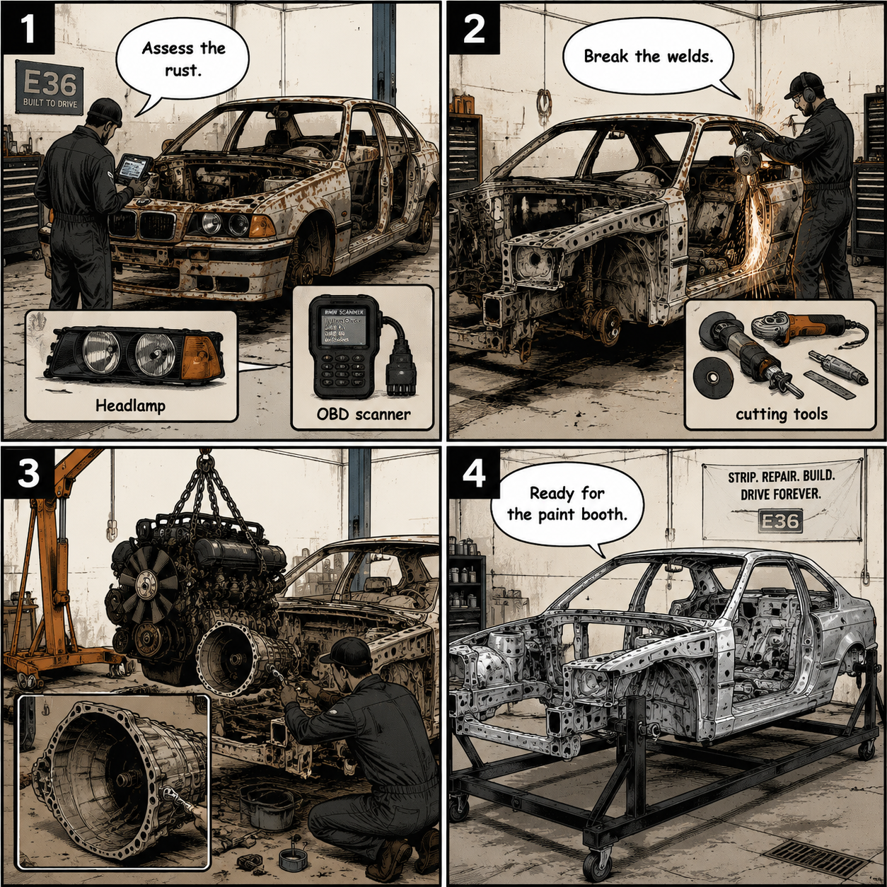 Comic Grid: Step-by-step teardown of the Rat car chassis.
