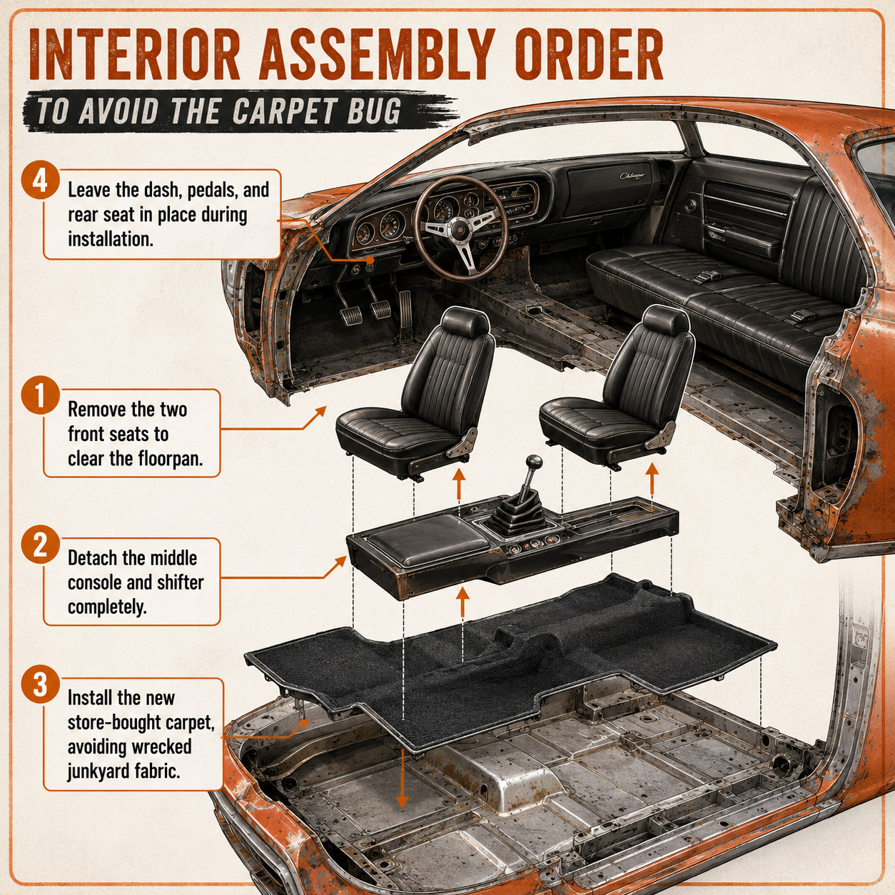 Annotated Diagram: How to bypass the interior carpet bug by removing front seats and console.