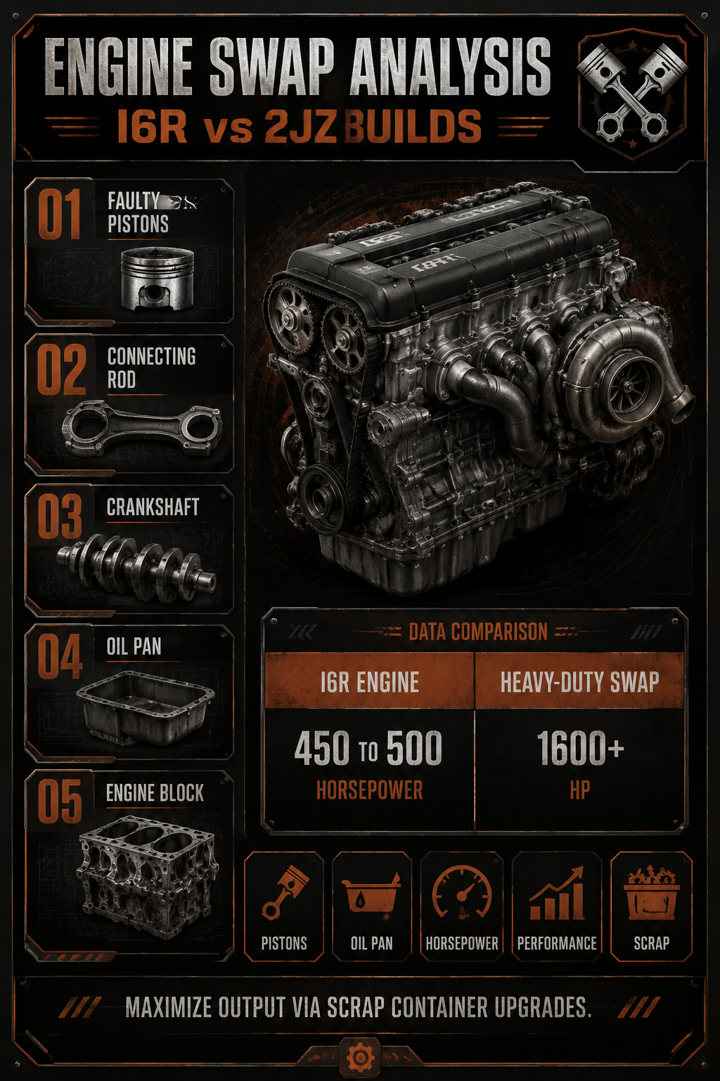 Analysis Report Poster: Engine swap comparison between 3.0L I6R and high-horsepower builds.
