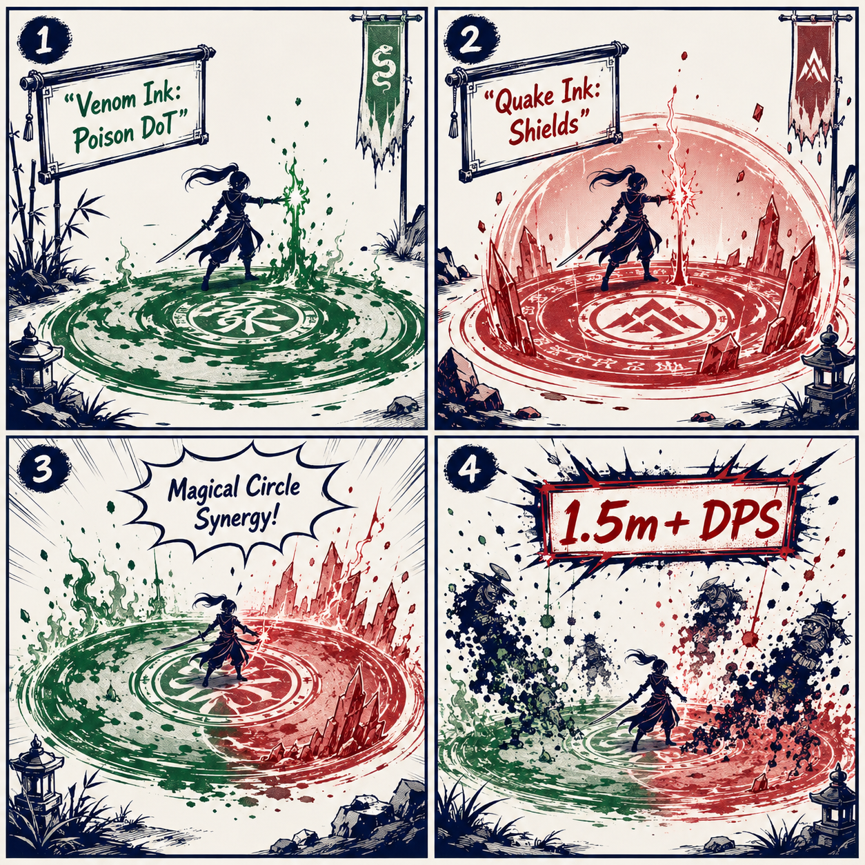 FORMAT: COMIC GRID. A combat sequence showing the Venom Ink and Quake Ink synergy.