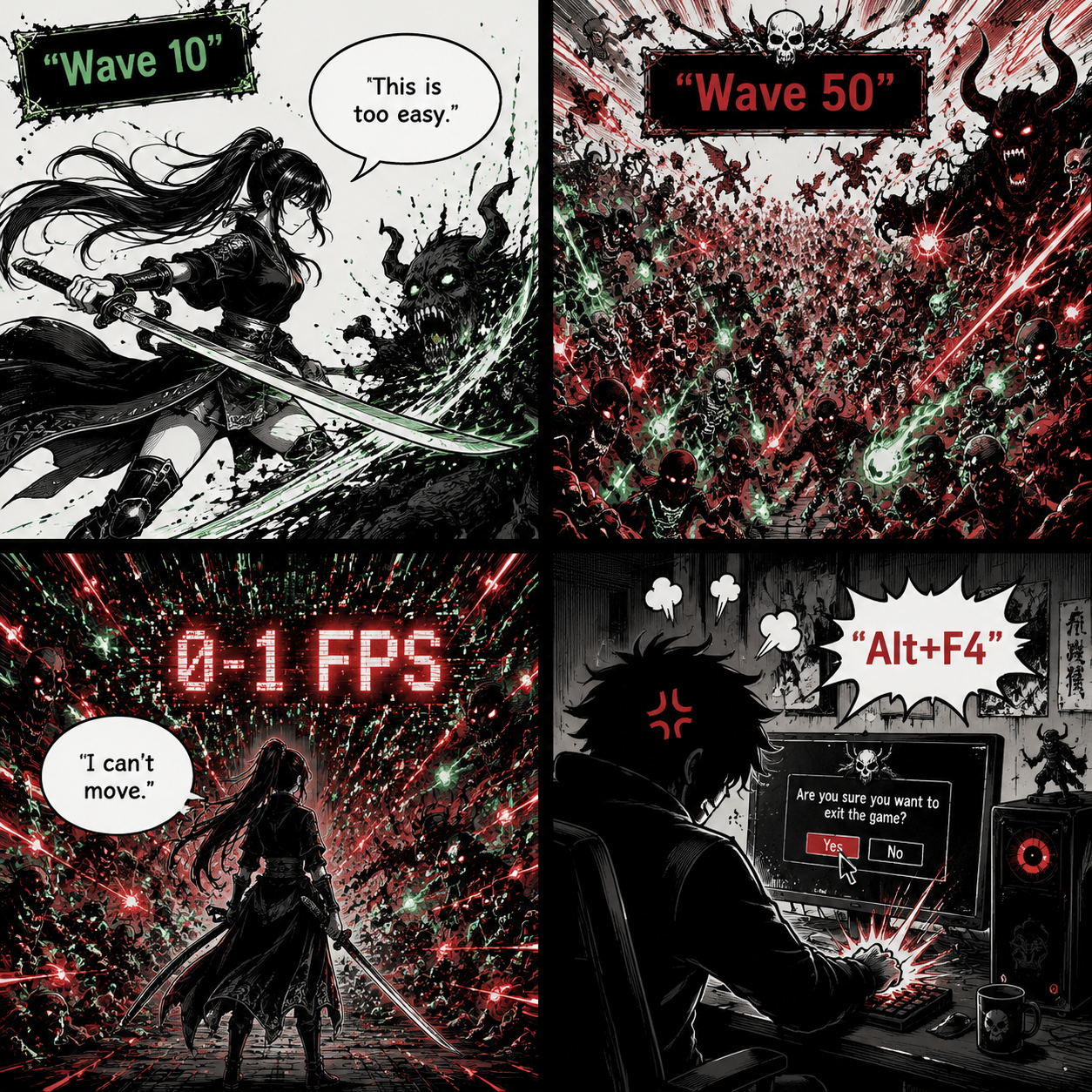 Comic Grid: The progression of a run crashing to 0-1 FPS due to visual clutter.