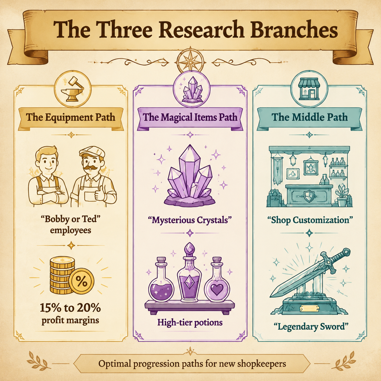 Infographic: The three research branches in Arcane Merchant.