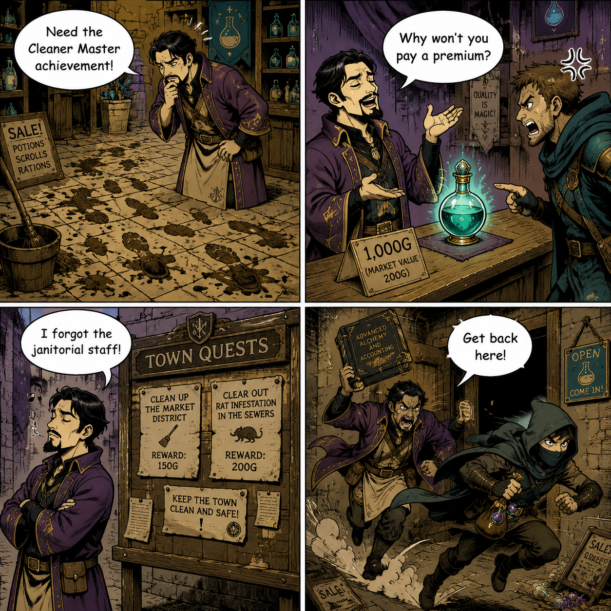 Comic Grid: Common mistakes with dynamic pricing and shop cleanliness.