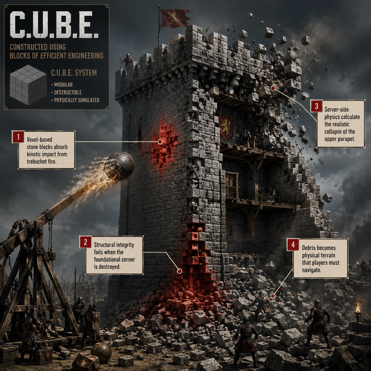 Annotated diagram showing C.U.B.E. siege destruction mechanics.