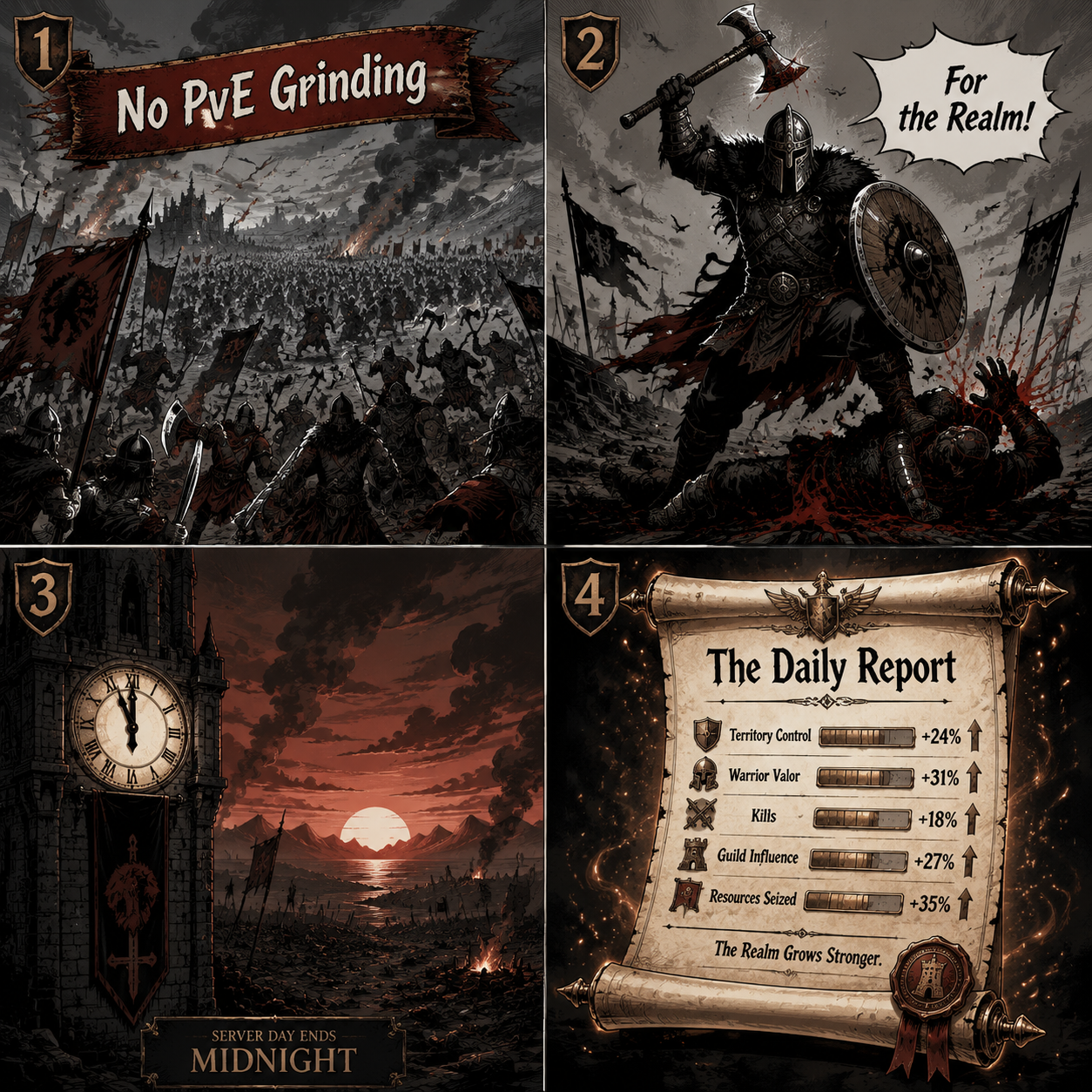 Comic grid showing the Daily Report progression loop.