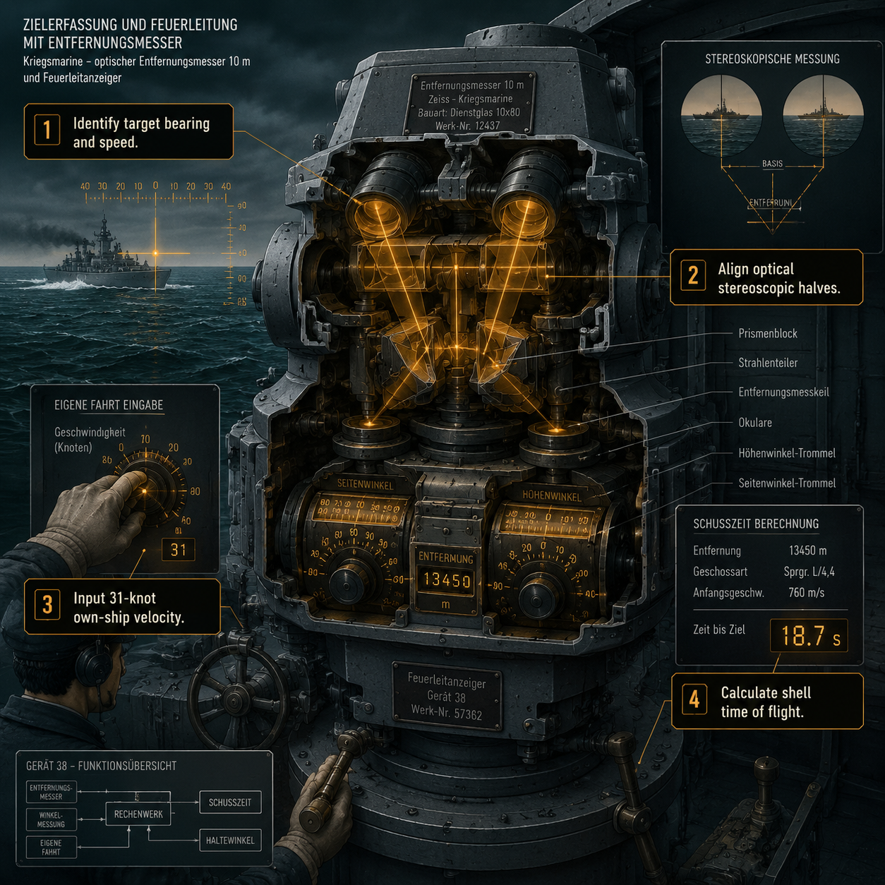 Annotated Diagram: Optical rangefinder targeting process