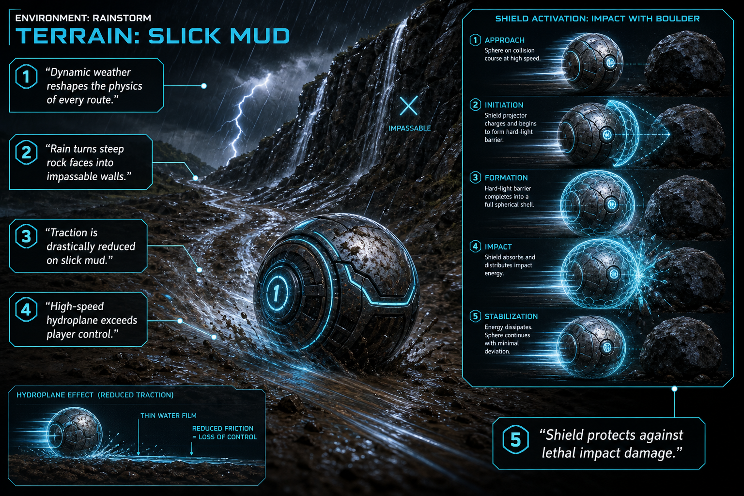 Annotated Diagram: How weather hazards like rain and mud interact with the shield.