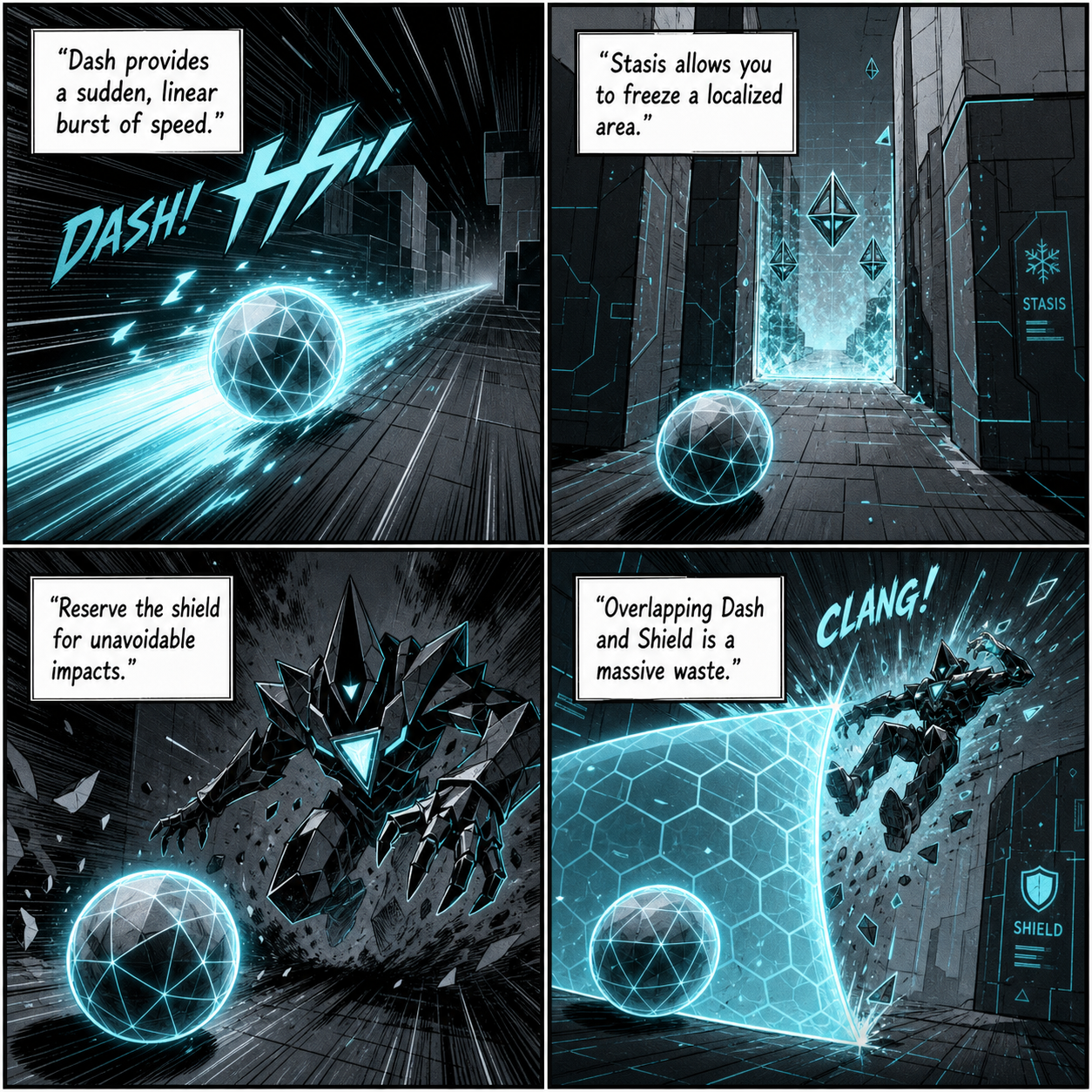 Comic Grid: Combining Dash, Stasis, and Shield abilities for optimal survival.