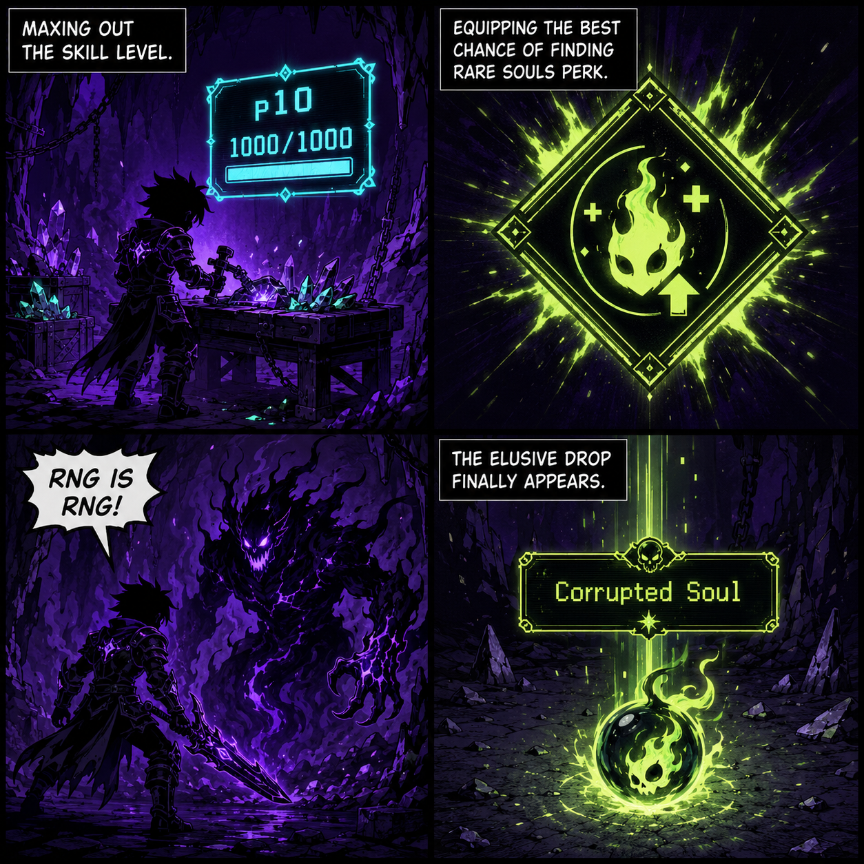 Comic grid showing the RNG process of farming a Corrupted Soul at p10 1000/1000