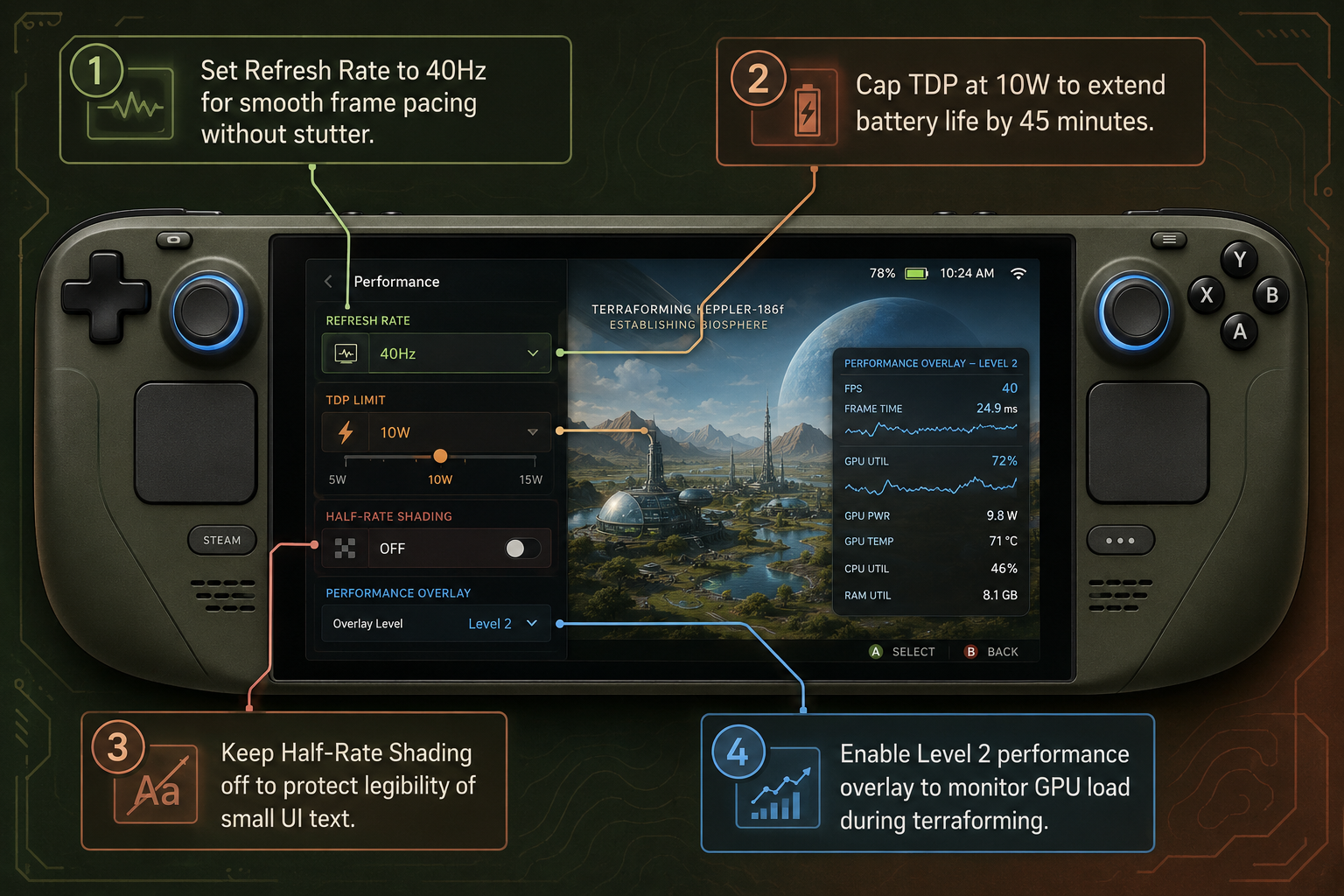 Annotated diagram of SteamOS performance overlay tweaks