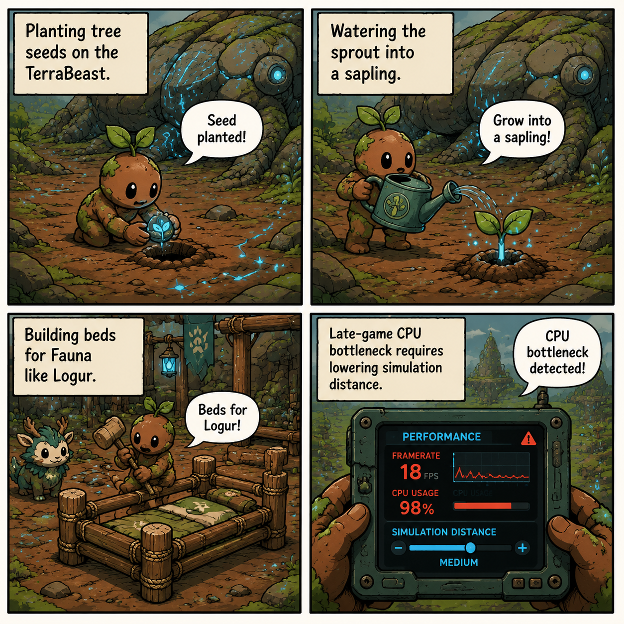 Comic grid illustrating late-game CPU bottlenecks from community building