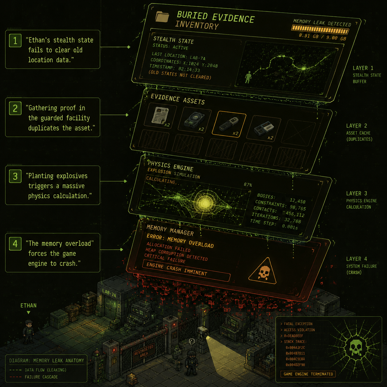 Annotated Diagram: Visual breakdown of the memory leak caused by the buried evidence mechanic.
