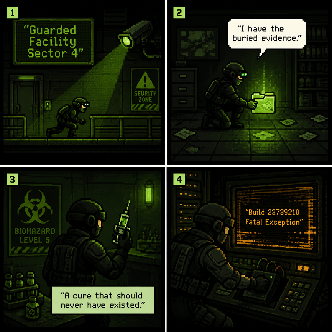 Comic Grid: Sequence of Ethan triggering the fatal exception bug during gameplay.
