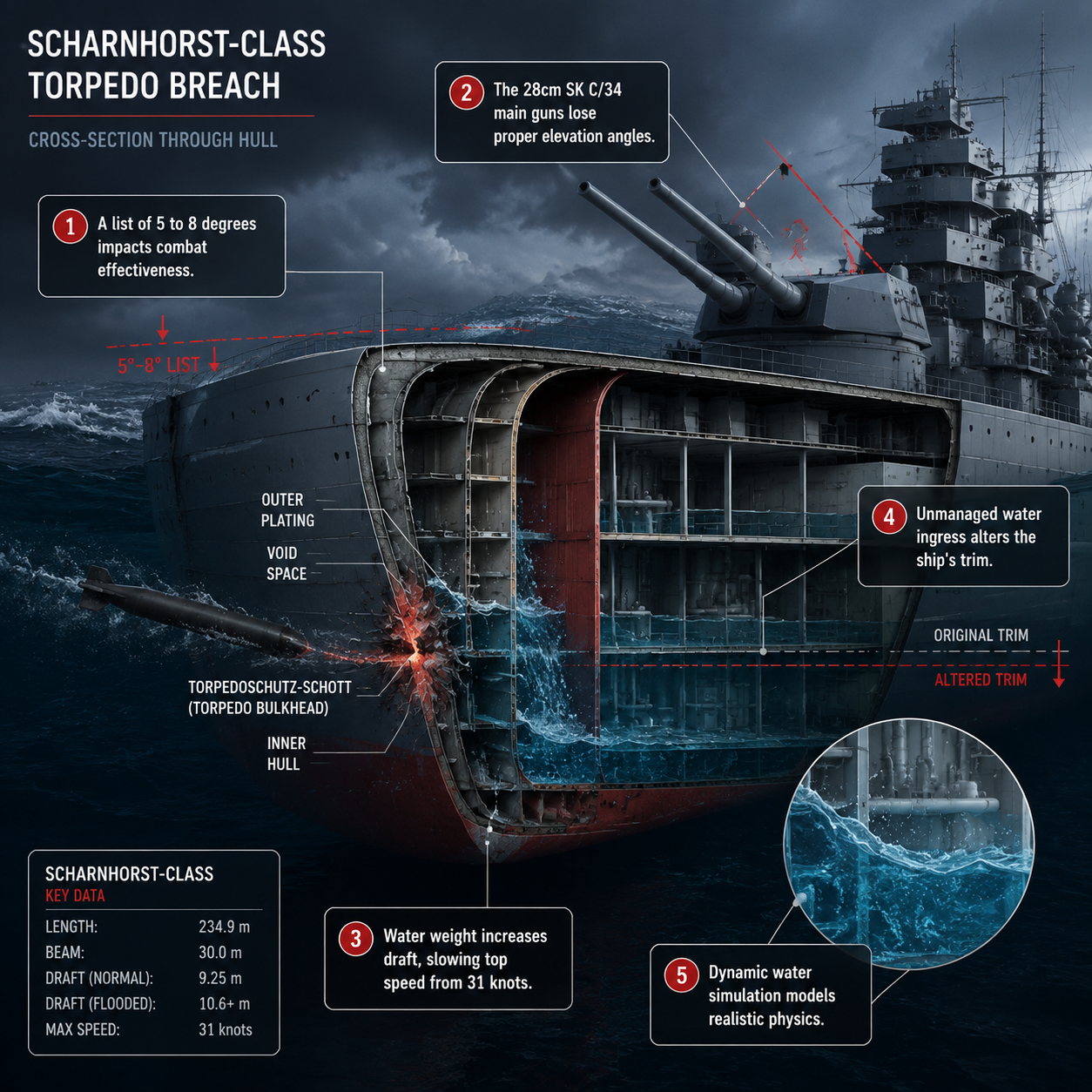 Annotated Diagram: How to stop flooding Battleship Command hull breach