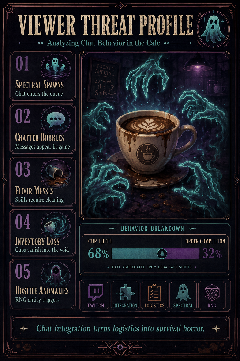 Analysis Report Poster: Viewer threat profile and chat behavior stats.
