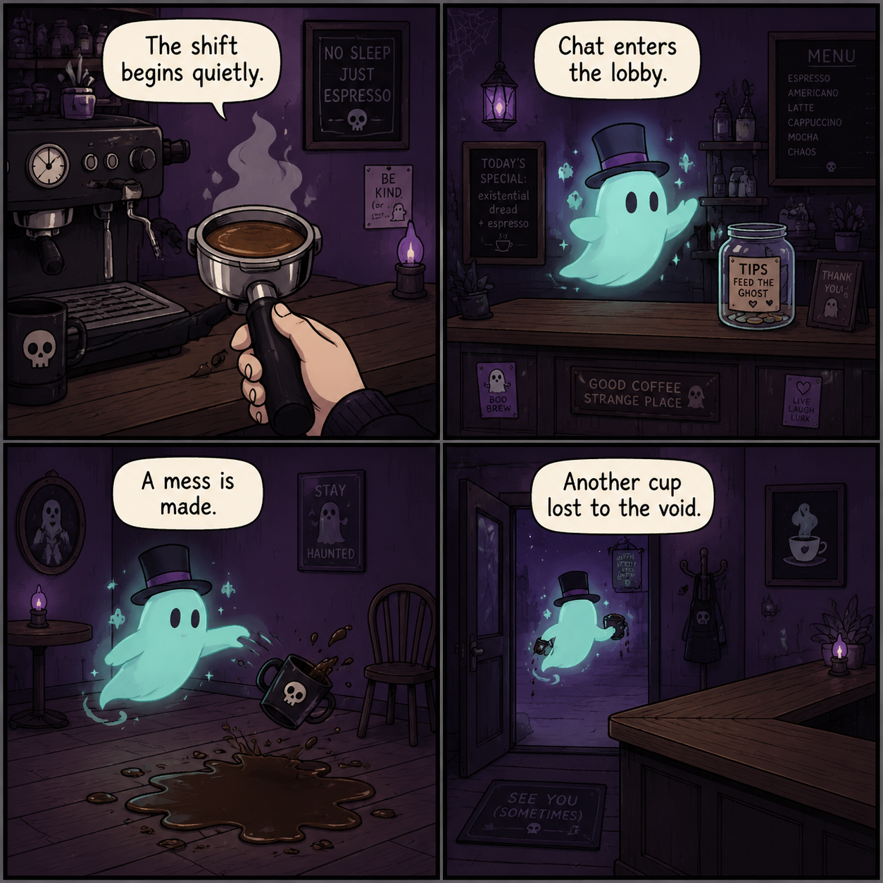 Comic Grid: A step-by-step sequence of a chat viewer stealing a cup.