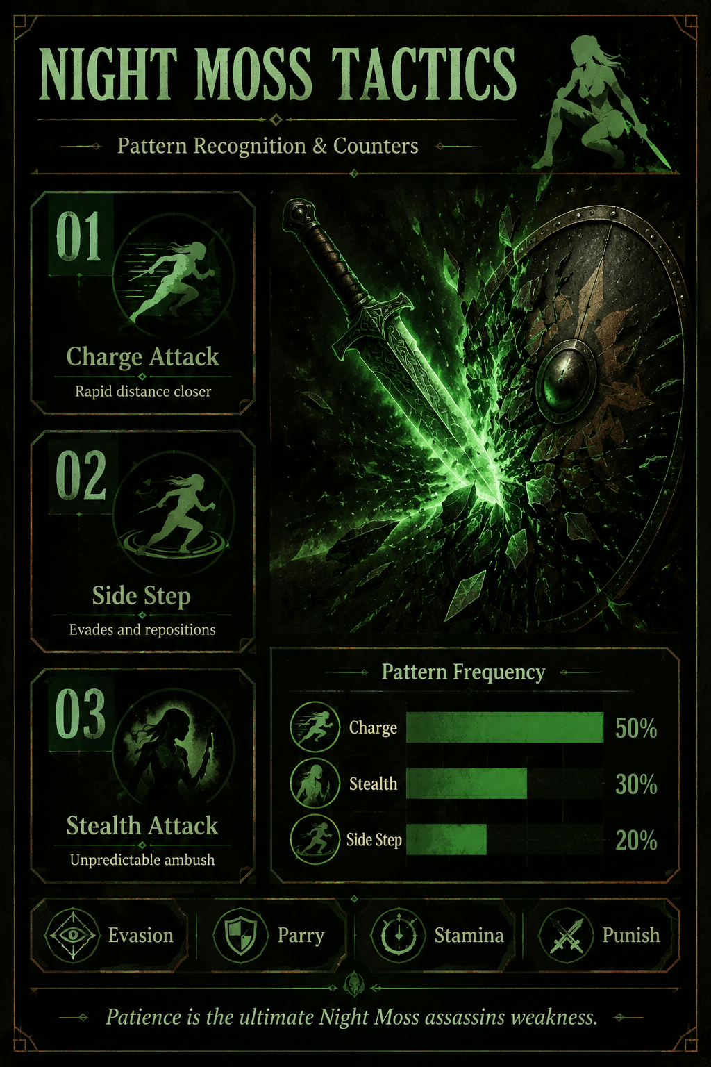 Analysis Report Poster: Night Moss Tactics and attack pattern frequencies.