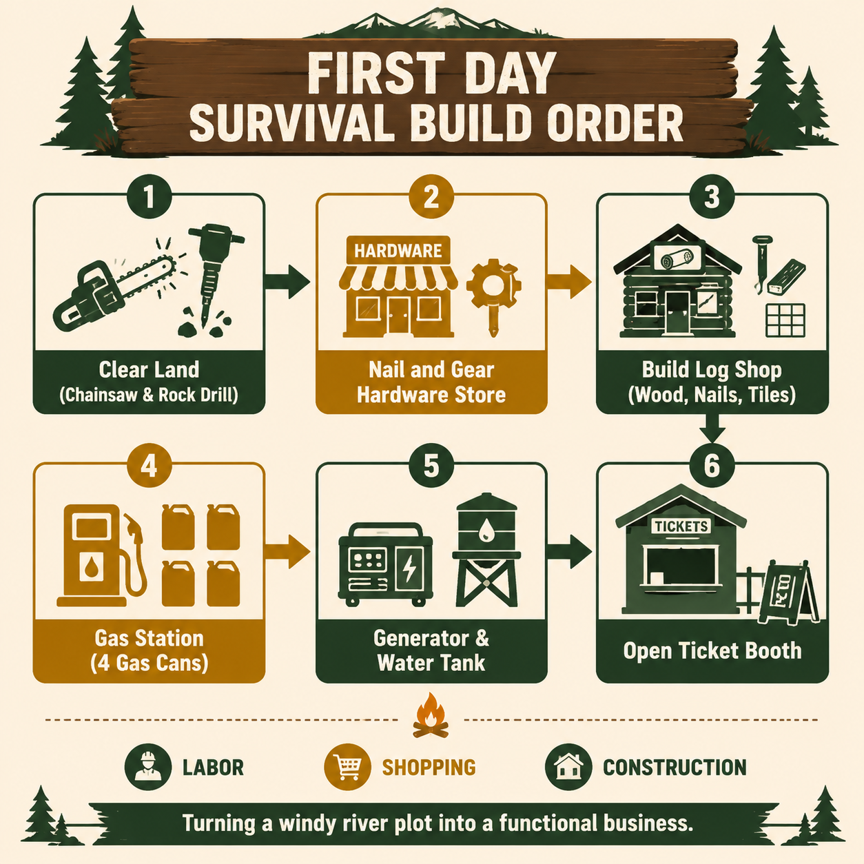 Infographic: Campsite Hustle early game build order