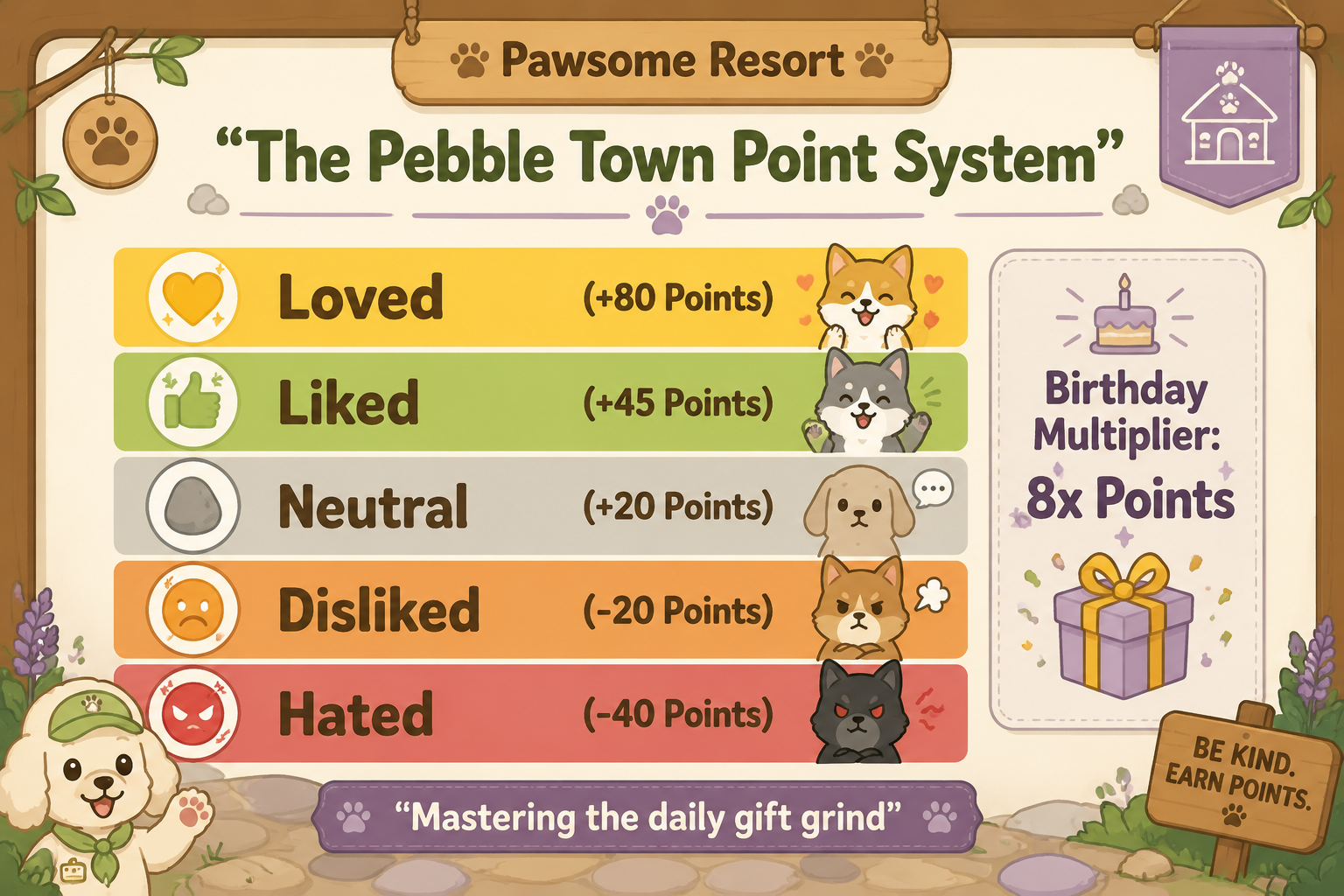 Infographic: villager gift guide Pawsome Resort point system