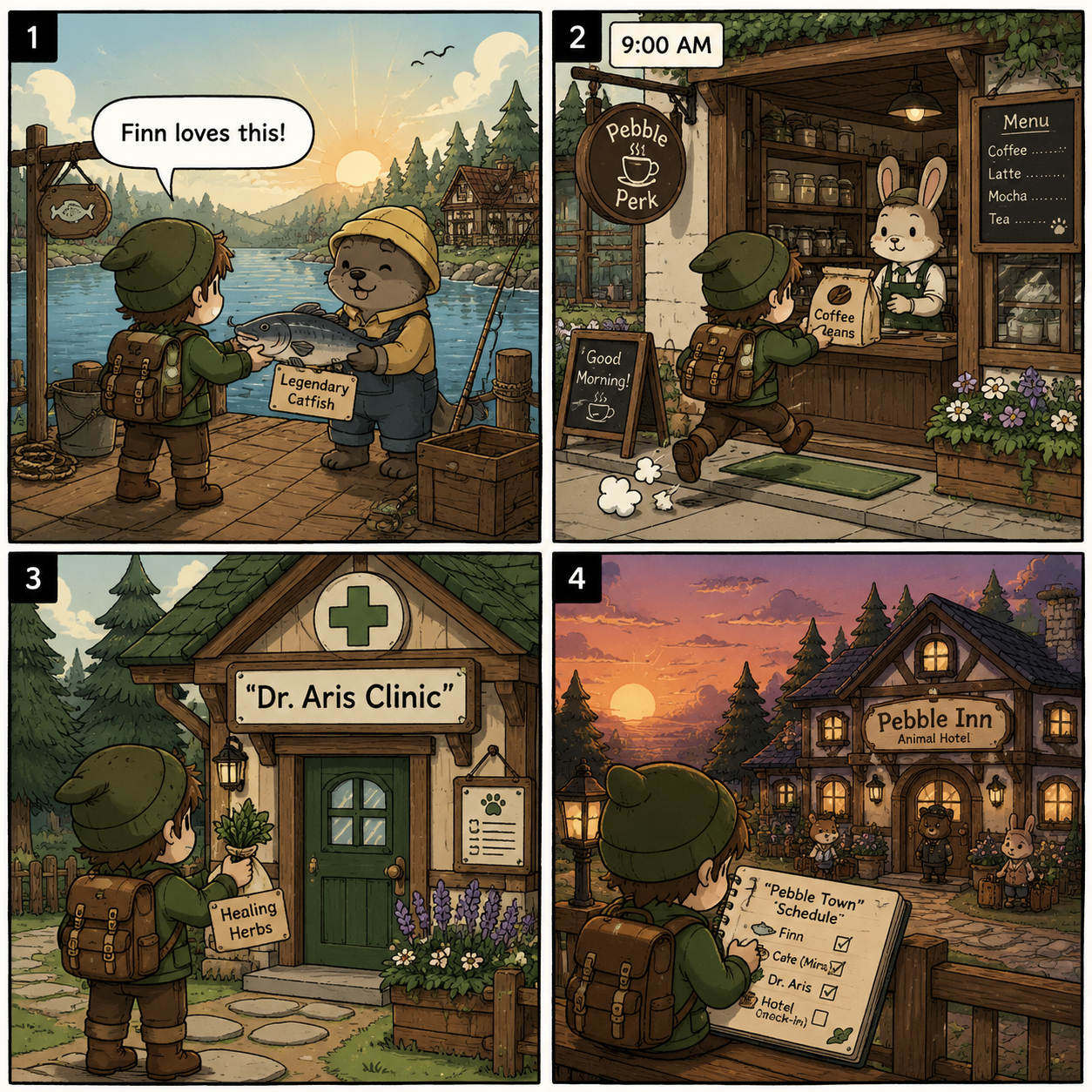 Comic grid of a daily gifting route in Pebble Town