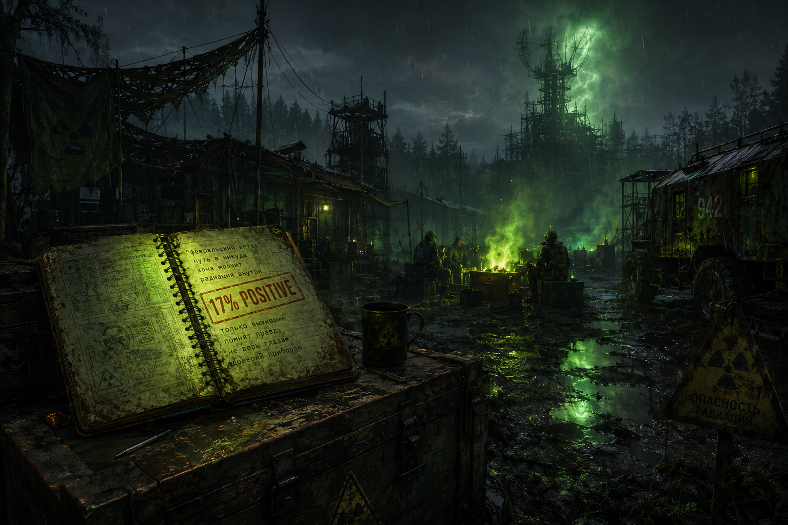 Scene: A stalker camp showing a notebook with Cyrillic text representing the May 2026 localization issues.
