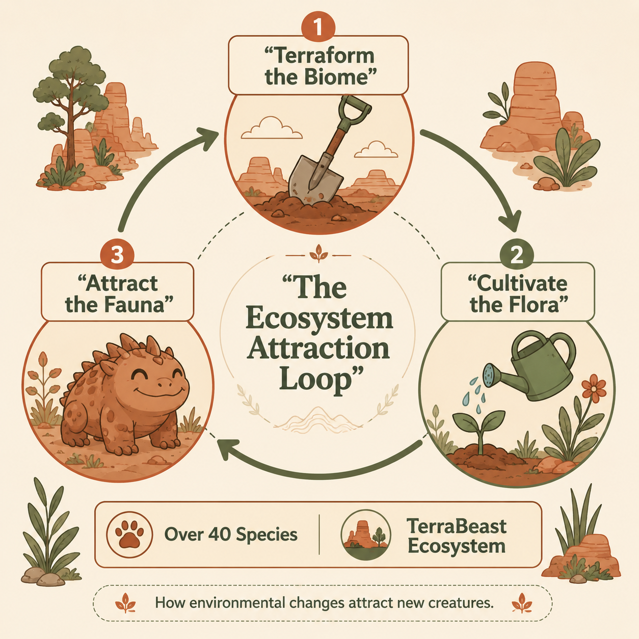 Infographic: Wild OddFauna taming guide showing the ecosystem attraction loop.