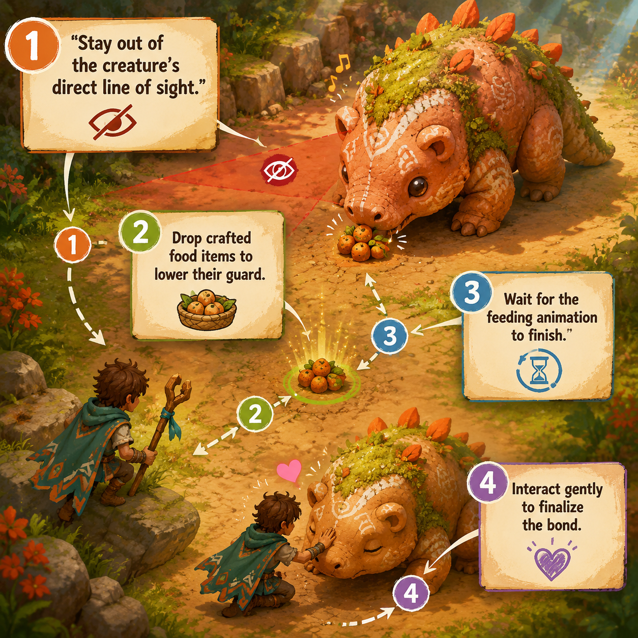 Annotated diagram showing the step-by-step approach for feeding wild creatures.