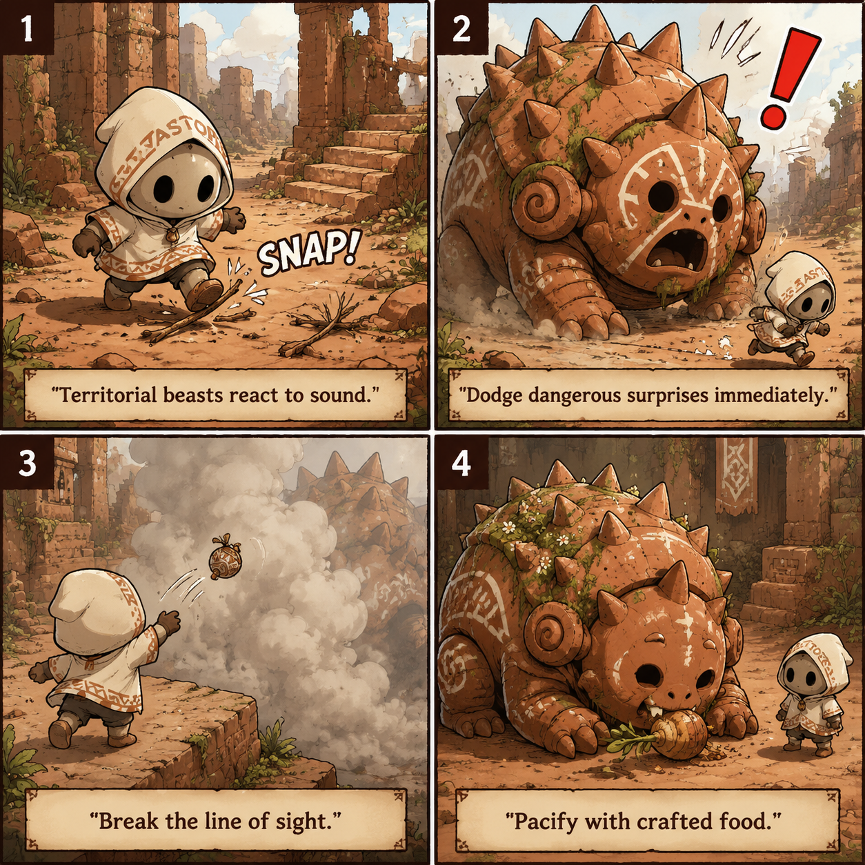 Comic grid illustrating how to handle dangerous territorial beasts.