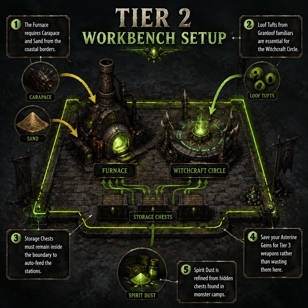Annotated diagram showing the Witchspire Tier 2 Furnace and Witchcraft Circle setup.