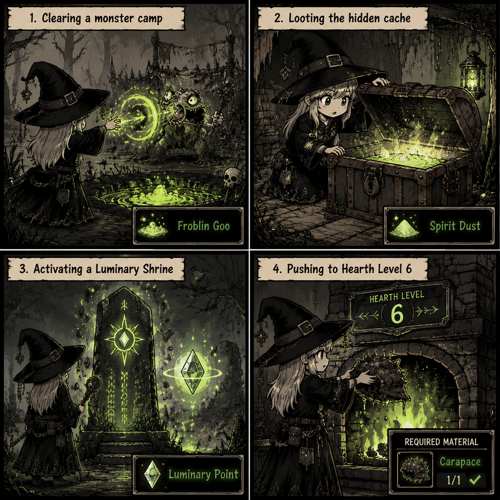 Comic grid illustrating the loop of clearing camps to upgrade the Hearth.